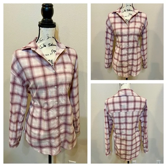 Aeropostale Plaid Flannel Button Up Down Collared Shirt Oversized Soft Pink XS - Picture 2 of 7